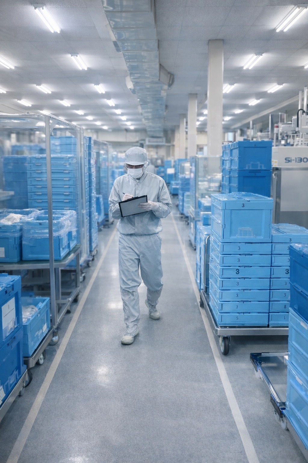 工場内を歩きながら確認作業を行うスタッフ