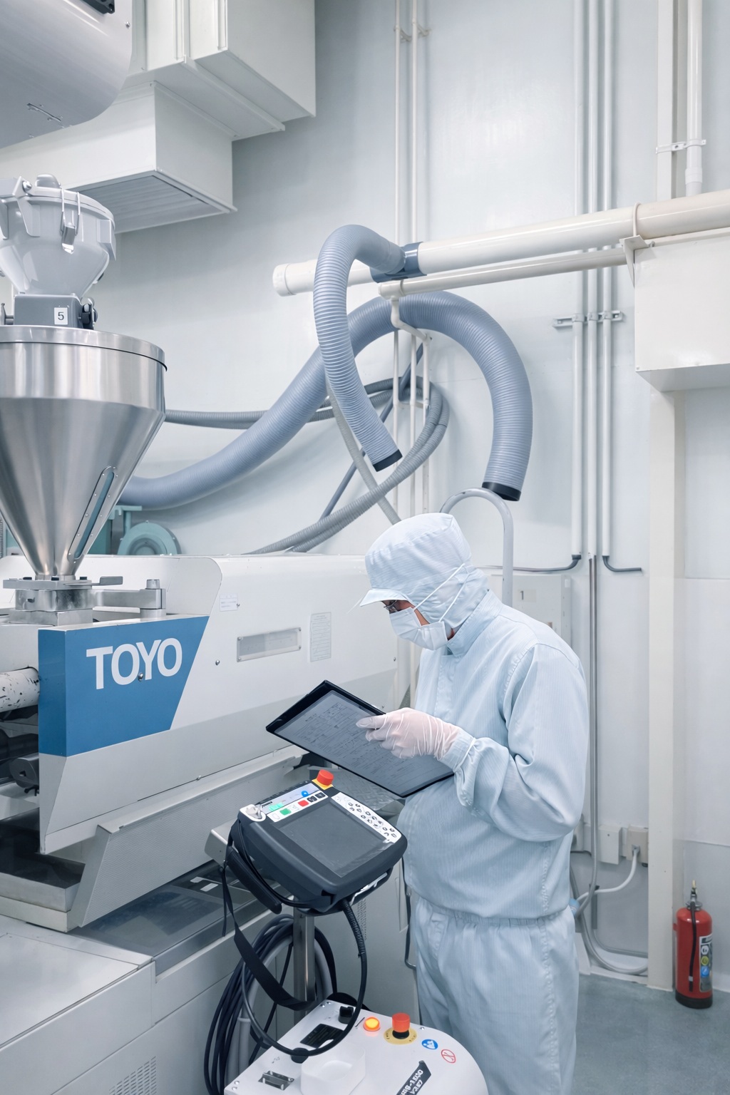 成形機のそばで記録を確認するスタッフ