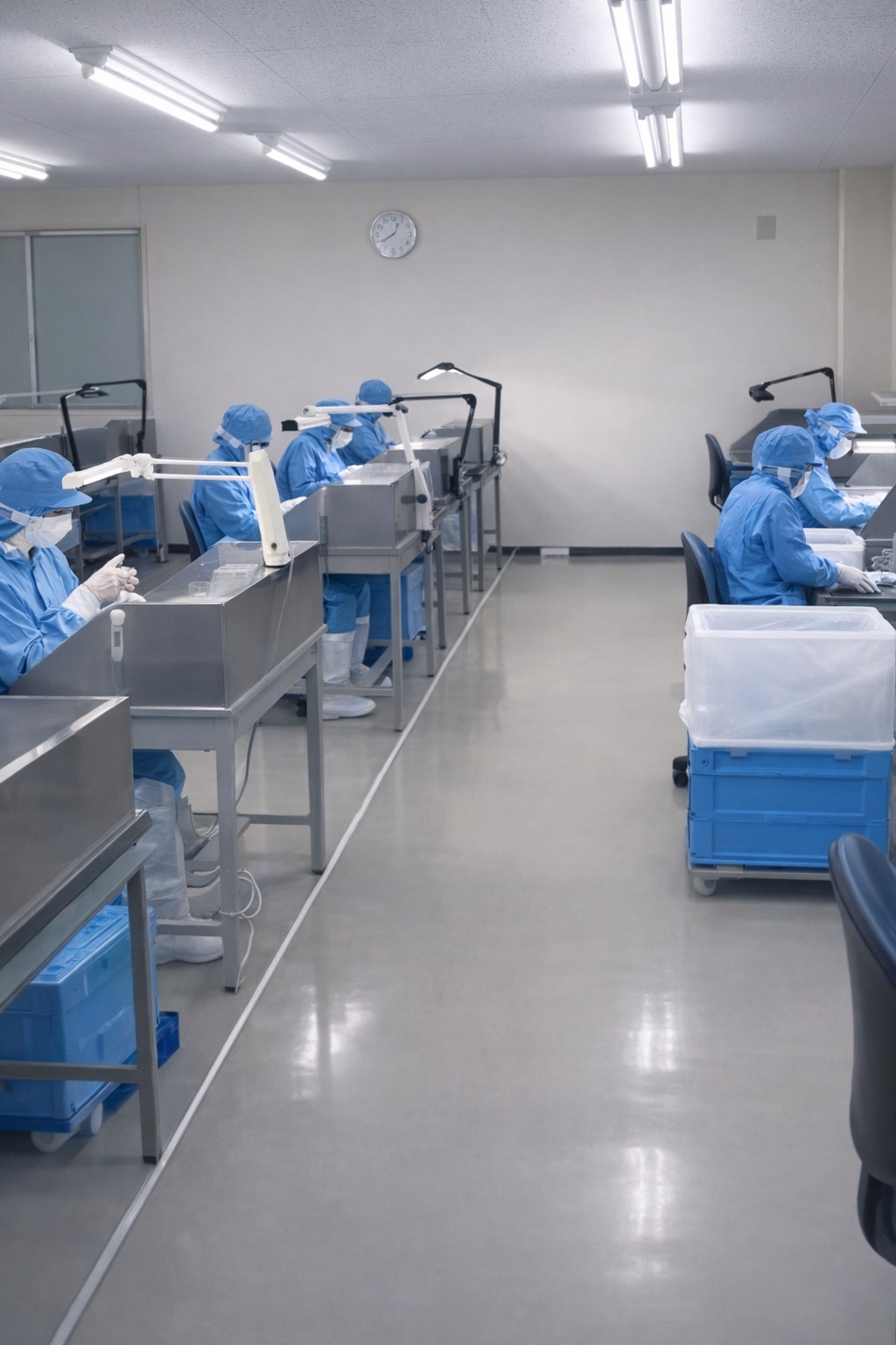 プラスチック容器の検査を行うスタッフ